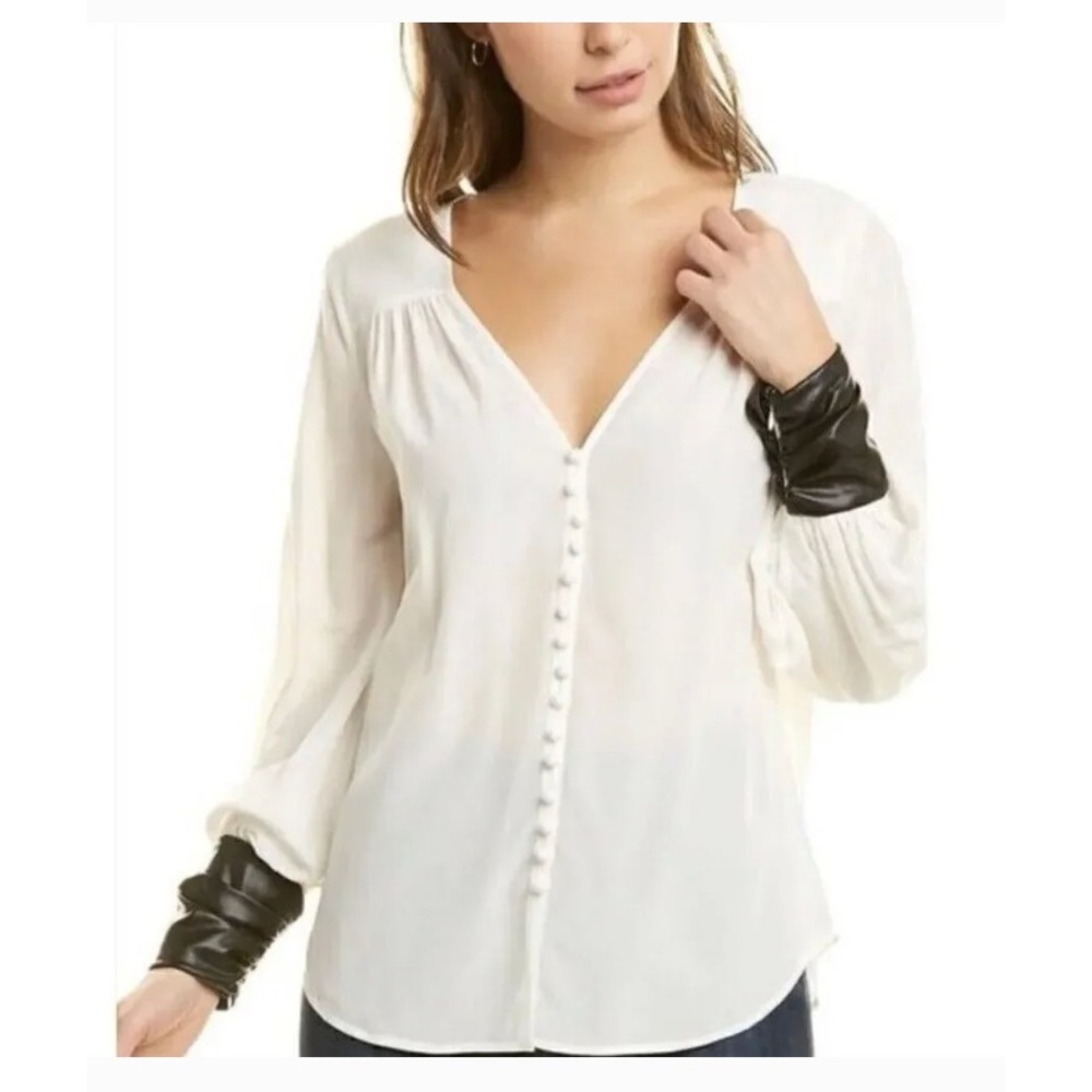 Cinq à Sept Francis Silk Blouse Faux Leather Cuff Button Front Ivory/Black Sz M